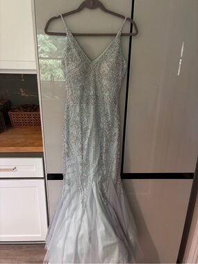 Vintage Xscape sea foam green blue beaded Spaghetti-Strap Mermaid Gown prom, 2